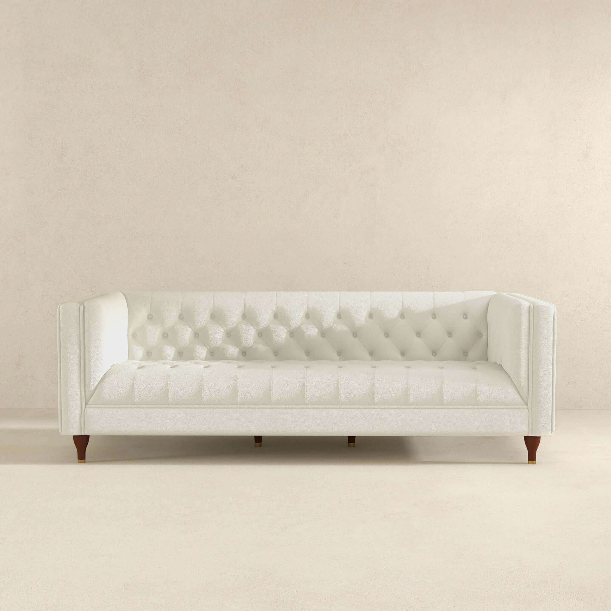 Evelyn Mid Century Modern Beige Boucle Luxury Chesterfield Sofa Ivory White,White Brown Wood Tufted Back Boucle,Solid Wood 3 Seat