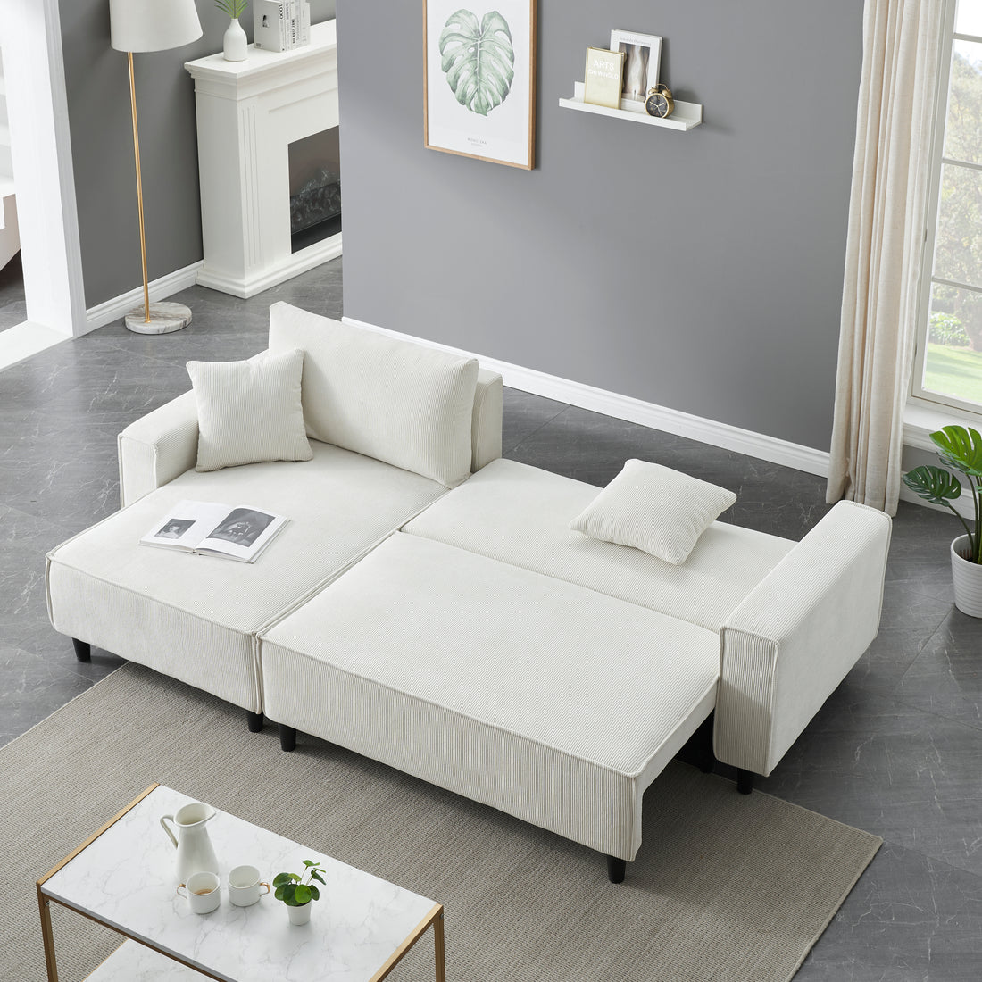 The 93 Inch Beige Corduroy Sofa Bed Comes With Two Pillows To Fit In The Living Room And The Apartment Is Not Overcrowded Beige Corduroy 3 Seat