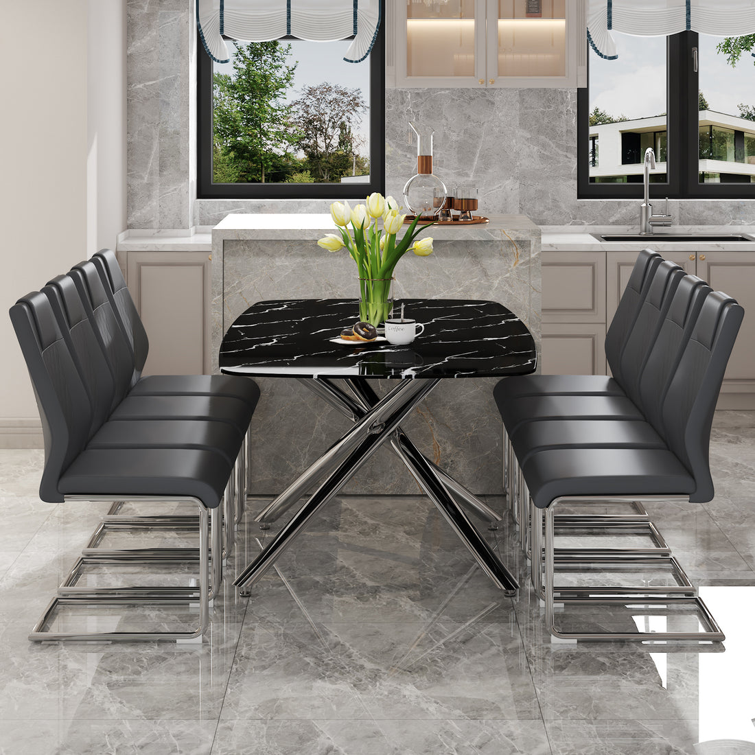 Table And Chair Set.Table And Chair Set.Modern Luxurious Black Marble Patterned Tempered Glass Dining Table With 8 Dark Gray Pu Chairs.Multiple High Quality Pu Dining Chairs With Silver Legs. Dark