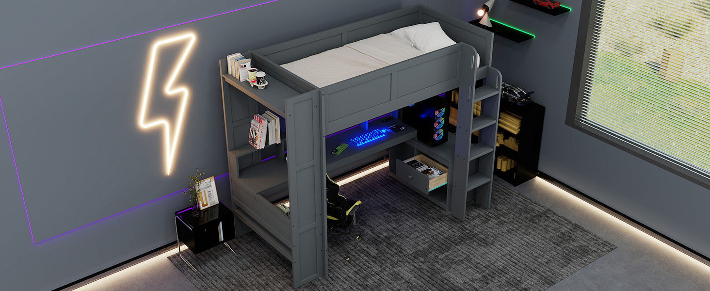 Wood Twin Size Gaming Loft Bed With Desk, Multi Storage Shelves, Led And Charging Station, Dark Gray Box Spring Not Required Twin Dark Gray Wood Bedroom Bed Frame Solid Wood Mdf