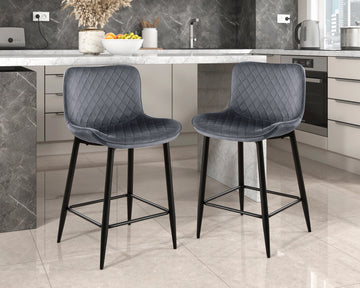 Set Of 2 Counter Height Chairs Dark Gray Velvet Upholstery Modern Casual Dining Furniture Metal Legs, 24 Inch Seat Dark Gray Metal