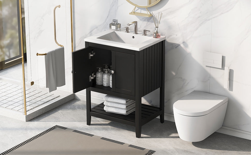 Video 24" Black Modern Sleek Bathroom Vanity Elegant Ceramic Sink With Solid Wood Frame Open Style Shelf Black Solid Wood Mdf