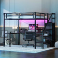 Full Size Loft Bed With L Shaped Desk And Usb, Metal Loft Bed With Wardrobe And Adjustable Shelf, High Loft Bed With Led For Kids Teens Adults, Black Full Black Metal