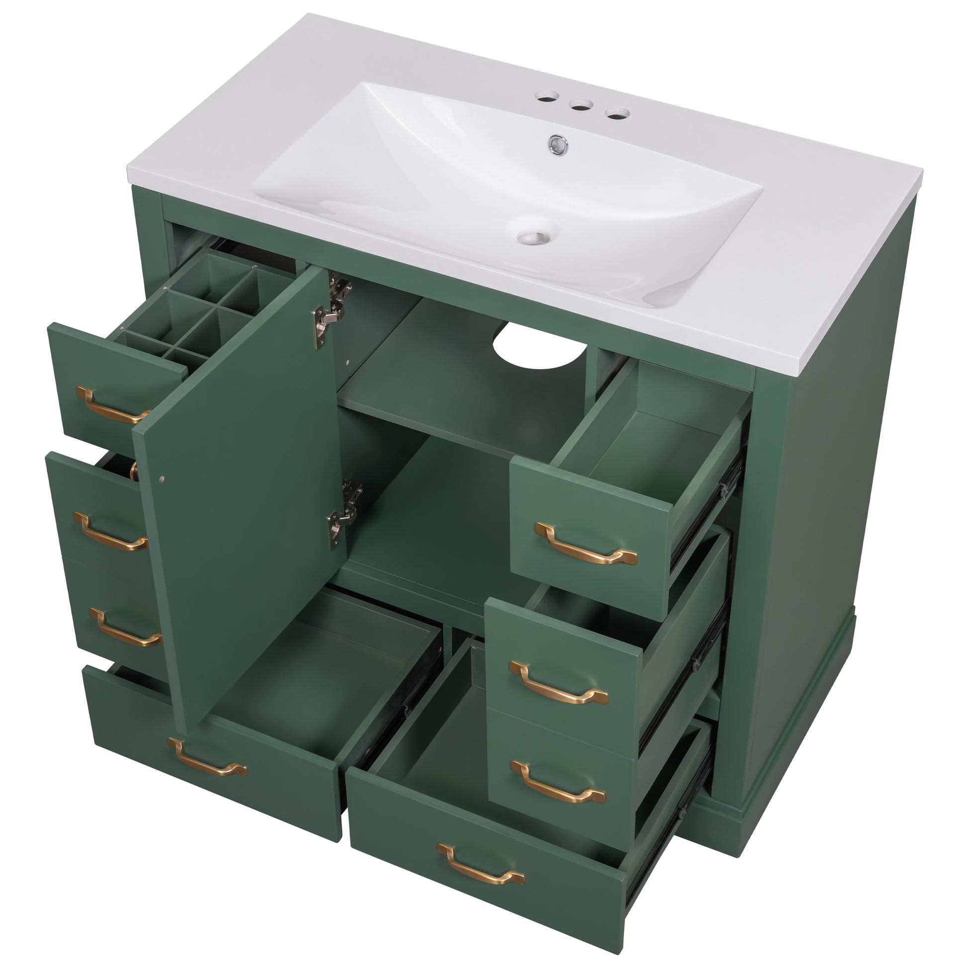 36" Bathroom Vanity With Sink Combo, Six Drawers, Multi Functional Drawer Divider, Adjustable Shelf, Green Green Solid Wood Mdf