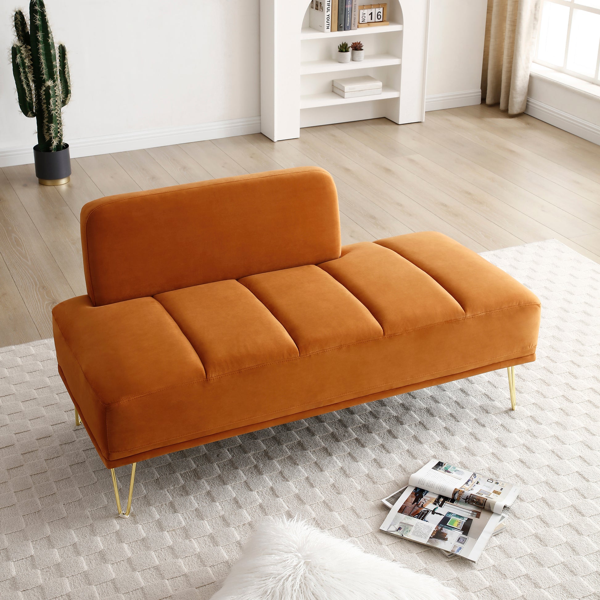 56.3"Inch Modern End Of Bed Bench,Velvet Fabric Upholstered 2Seater Sofa Couch Entryway Ottoman Bench, Fuzzy Sofa Stool Footrest ,Window Bench With Gold Metal Legs For Bedroom, Living Room,Orange