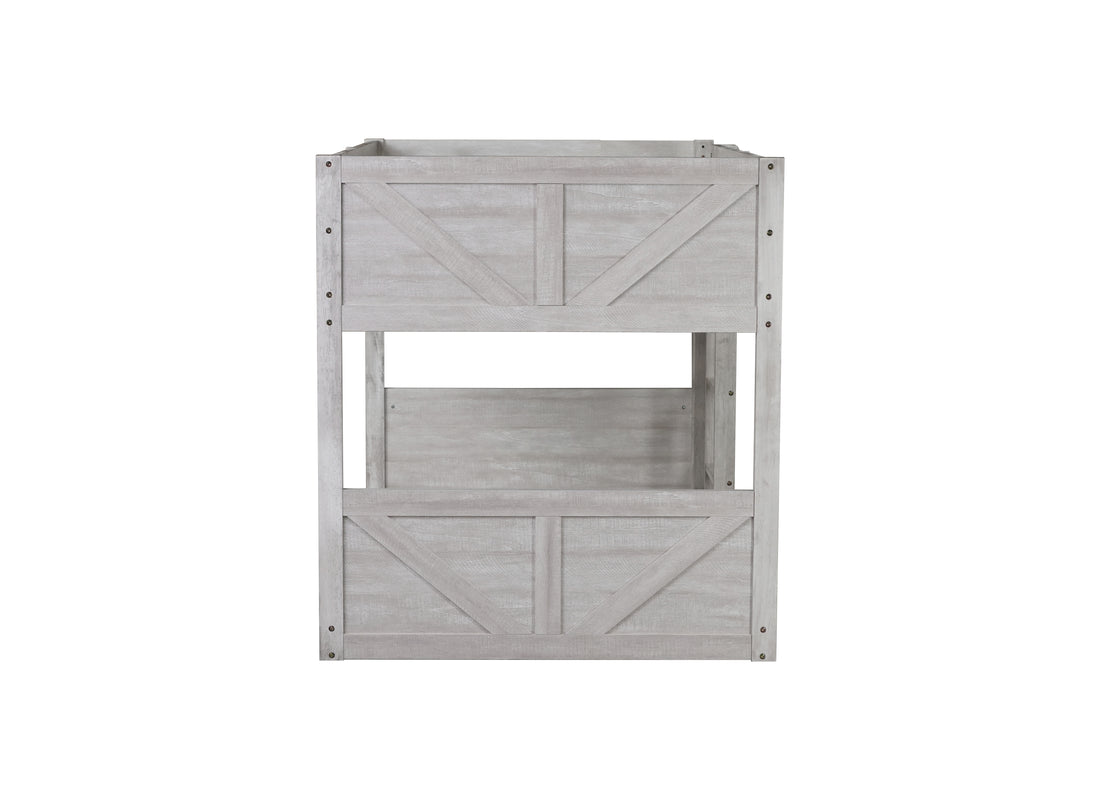 Twin Over Twin Floor Bunk Bed With Panelled Headboard And Footboard, Solid Rubber Wood Foundation With Safety Guardrails, Built In Ladder,Antique White Twin Antique White Rubber Wood