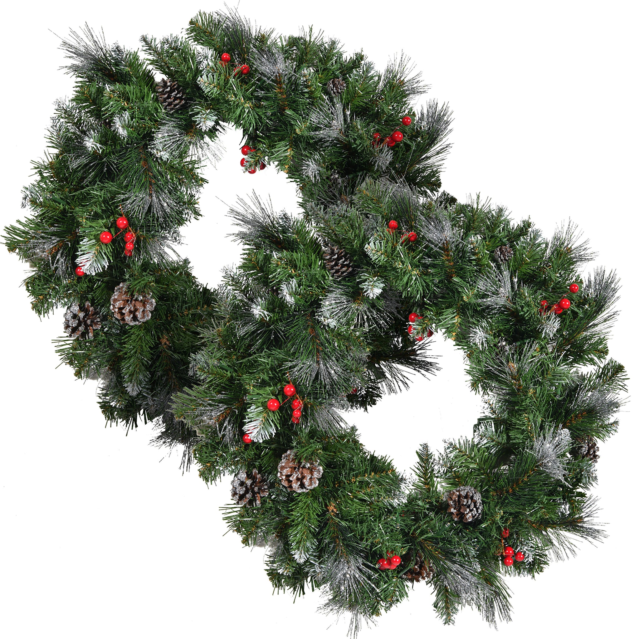 2 Packed 24'' Glitter Bristle Mixed Wreath With With 9 Red Berry And 9 Pine Cones And 50 Warm White Led Lights With Timer Battery Operated Outdoor, 150 Tips Green Pvc