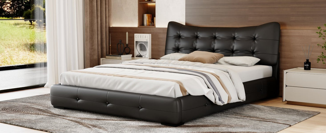 Modern Pu Upholstered Queen Bed With Ergonomic Wingback Headboard, No Box Spring Needed, Black Box Spring Not Required Queen Black Composite Bedroom Contemporary Bed Frame Pu,Upholstered