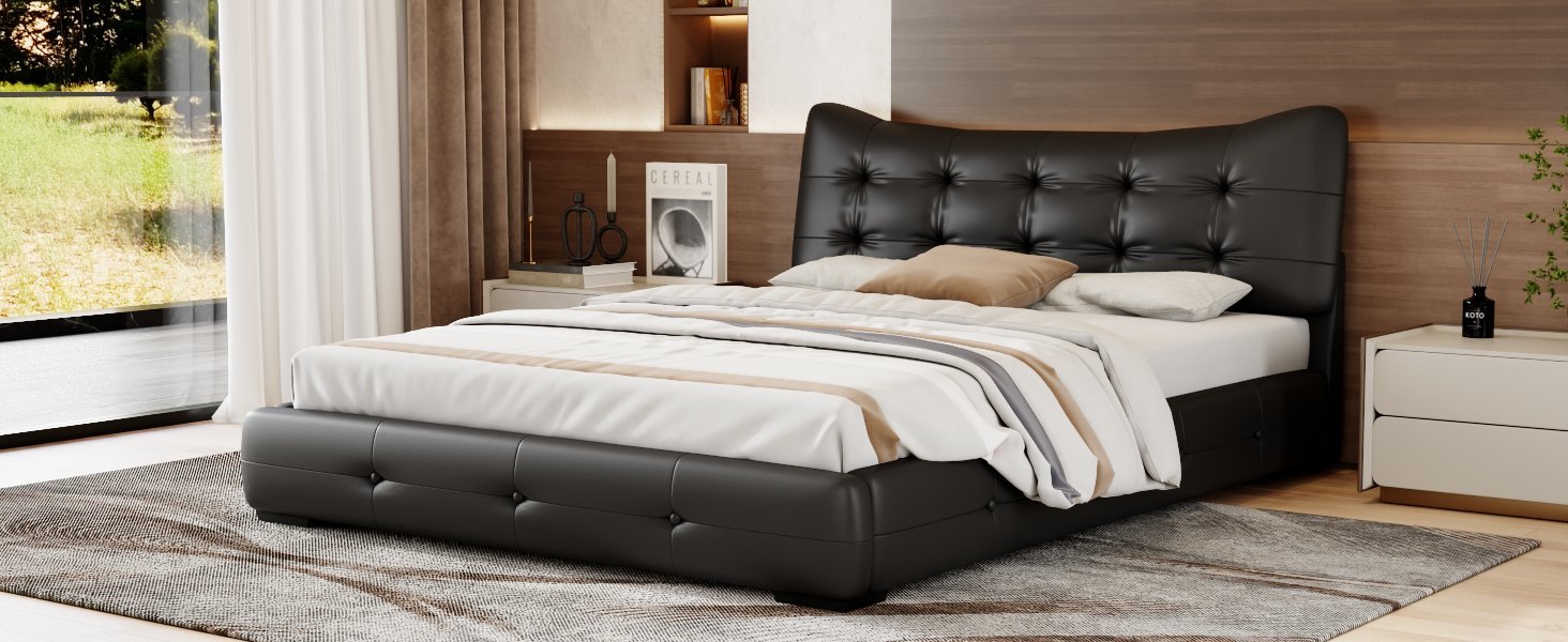 Modern Pu Upholstered Queen Bed With Ergonomic Wingback Headboard, No Box Spring Needed, Black Box Spring Not Required Queen Black Composite Bedroom Contemporary Bed Frame Pu,Upholstered