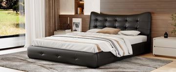 Modern Pu Upholstered Queen Bed With Ergonomic Wingback Headboard, No Box Spring Needed, Black Box Spring Not Required Queen Black Composite Bedroom Contemporary Bed Frame Pu,Upholstered