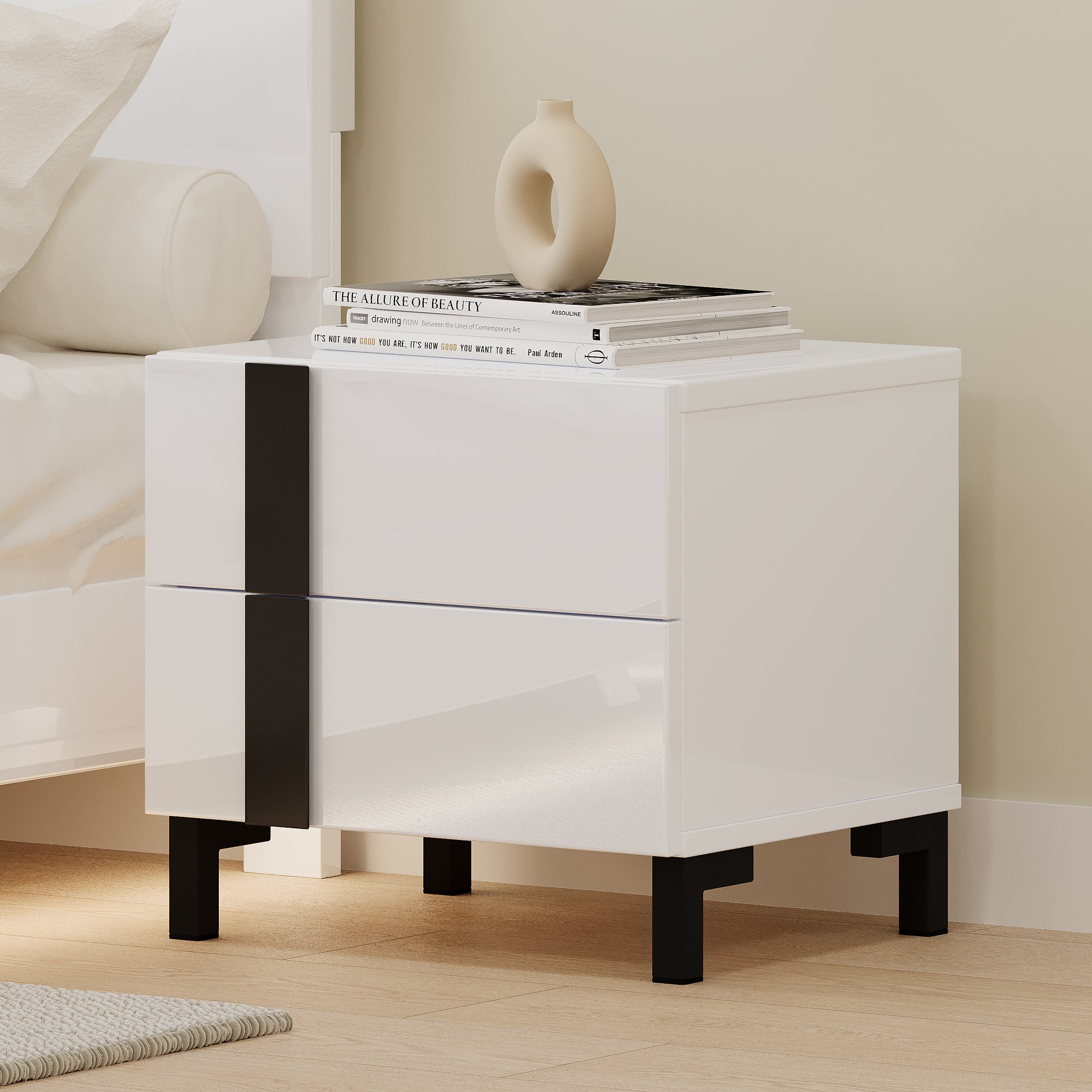 Modern High Gloss 3 Piece Bedroom Set Floating Bed Frame Queen Size Platform Bed With Led Light & 2 Nightstands, White Box Spring Not Required Queen White Wood 3 Piece Set Solid Wood Mdf