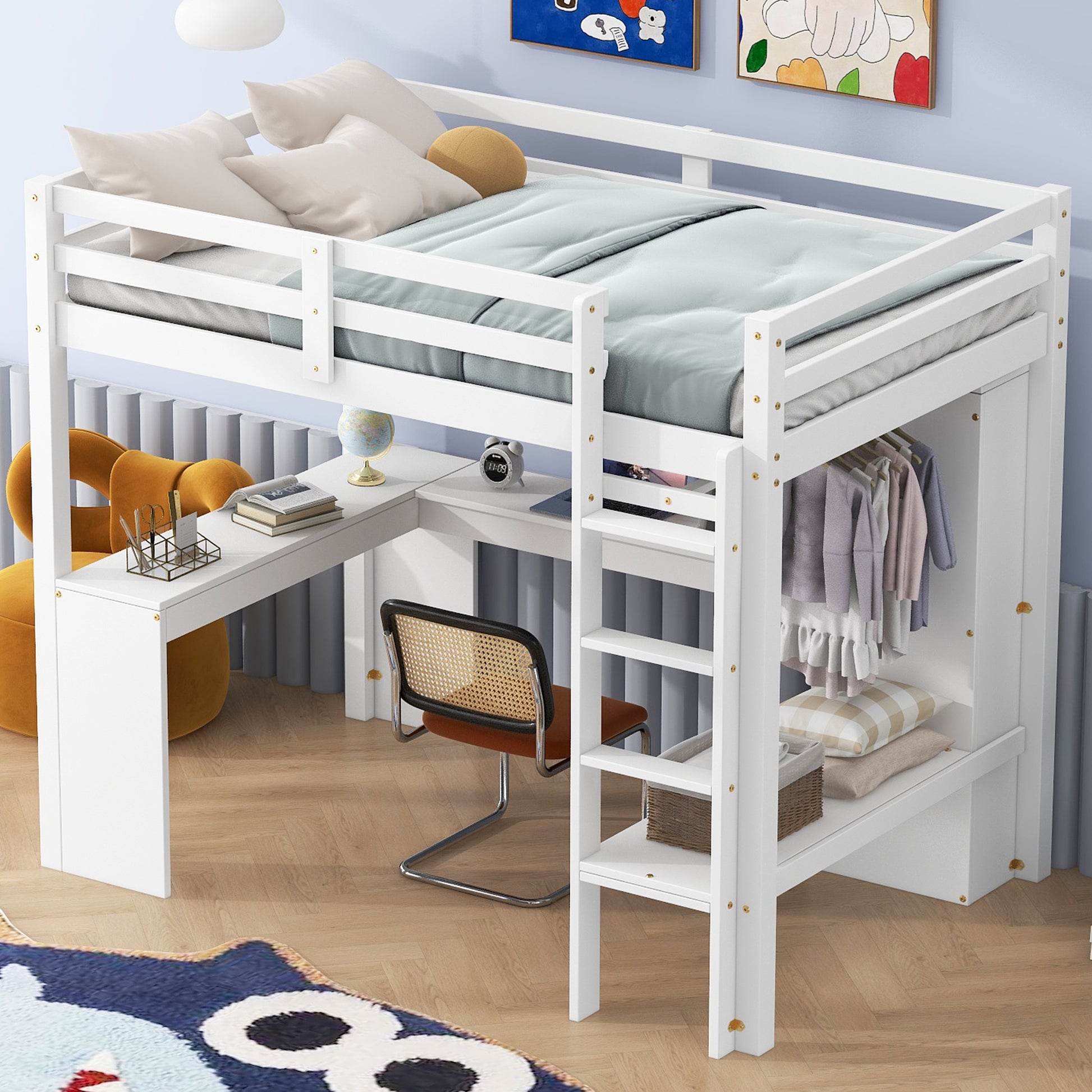 Twin Size Loft Bed With L Shaped Desk, Wardrobe And Storage Shelves, White Box Spring Not Required Twin White Wood Bedroom Solid Wood Mdf