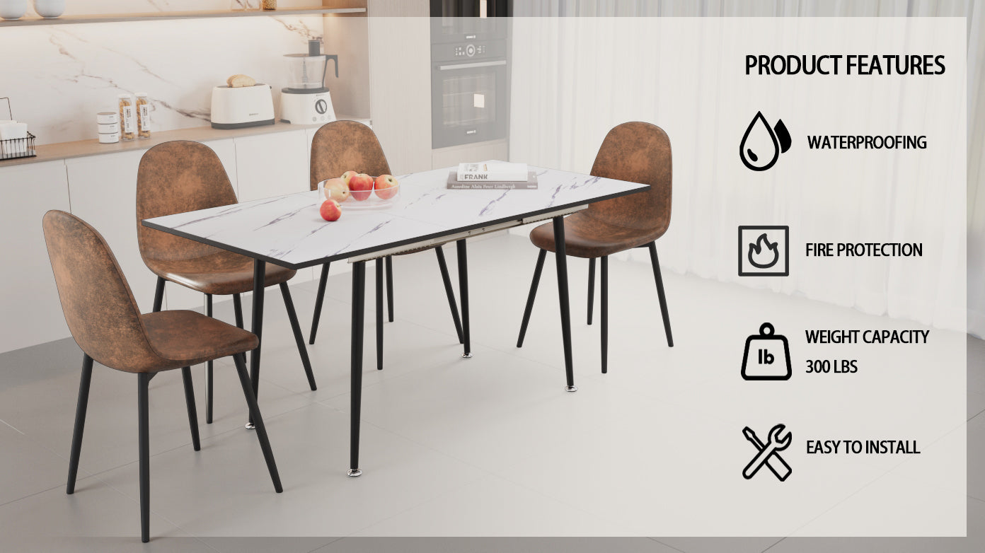 Scalable Mdf Modern Dining Table And Chair Set, Suitable For 2 6 People, White Dining Table And Modern Brown Round Dining Chair 4 Piece Set, Medieval Dining Table Set, Metal Base And Suede Chair Brown White Mdf