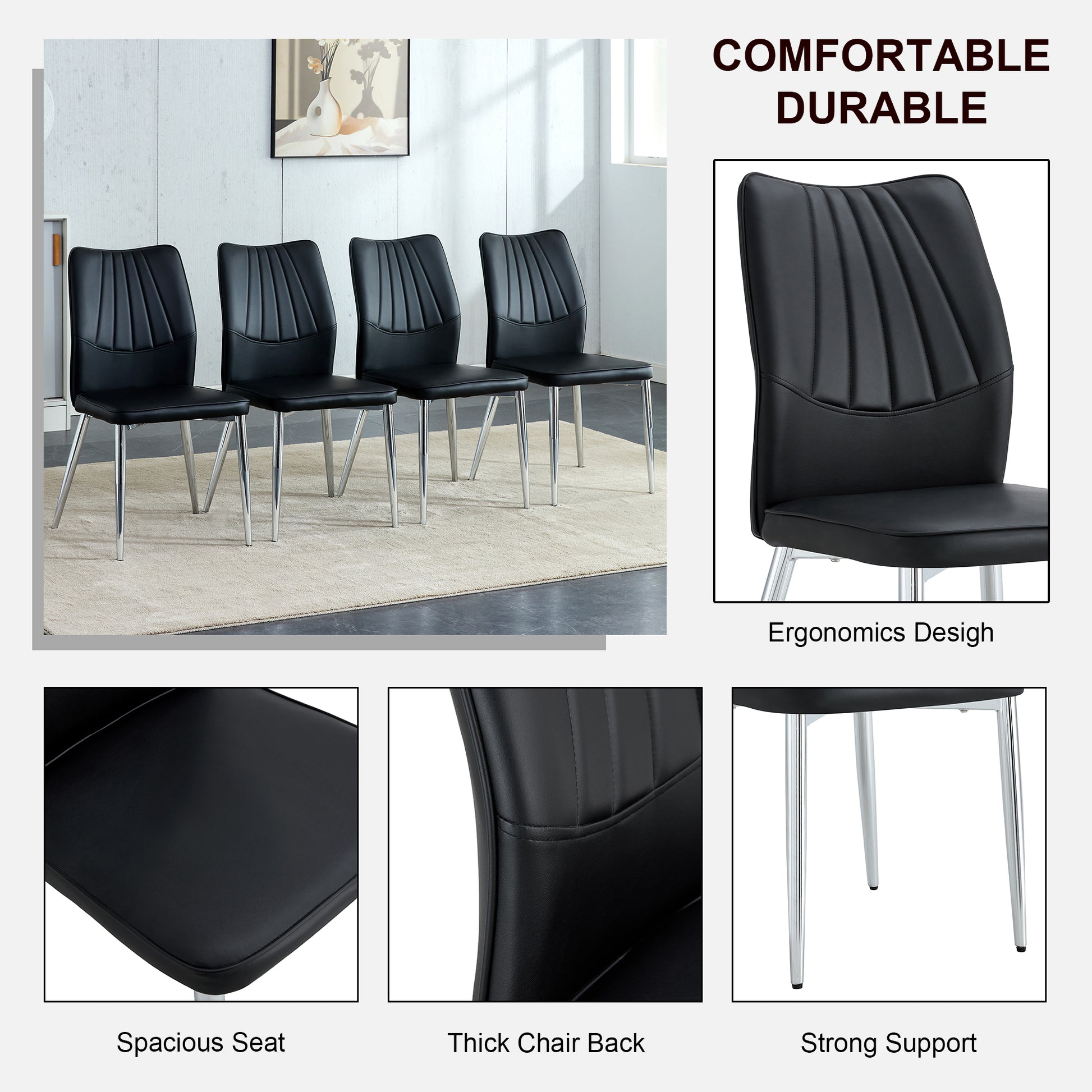 Table And Chair Set.Contemporary, Minimalist Rectangular Dining Table Featuring A Clear Tempered Glass Top And Sleek Silver Legs. Paried With Chairs Made Of Pu Material Cushion And Silver Metal Legs. Black Seats 6 Glass Metal