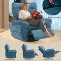 Overstuffed Rocker Recliner Chair With Massage And Heat, 360 Swivel Fabric Wide Seat Single Sofa Lounge Chairs With Side Pocket, Manual Home Theater Recliners For Living Room Blue Metal Soft Heavy Duty Textile