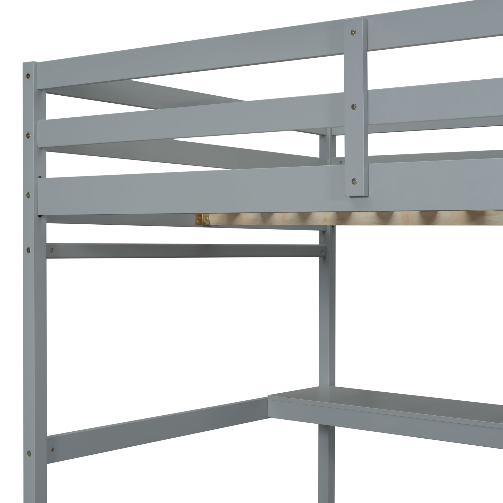 Full Loft Bed With Built In Desk, Ladder Platform, Ladders, Guardrails,Grey Full Grey Bedroom American Design Pine