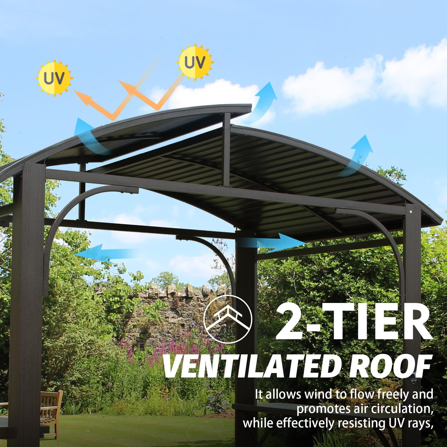 8X5Ft Arc Roof, Grill Canopy For Outdoor Grill W Double Galvanized Steel Roof And 2 Side Shelves, Bbq Gazebo Grill Tent For Patio Garden Backyard, Brown Brown Garden & Outdoor Uv Resistant Metal