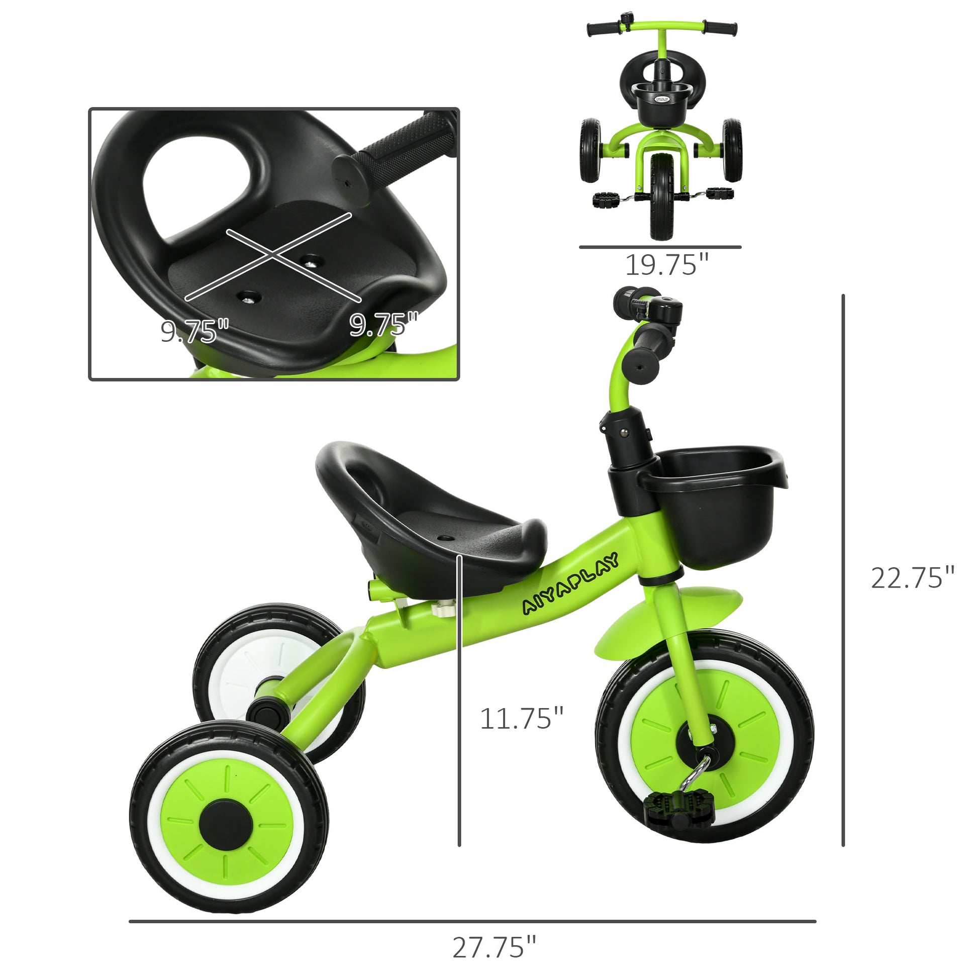 Qaba Kids Tricycle For Toddlers Age 2 5 With Adjustable Seat, Toddler Bike For Children With Basket, Bell, Handlebar Grips, Green Green Metal