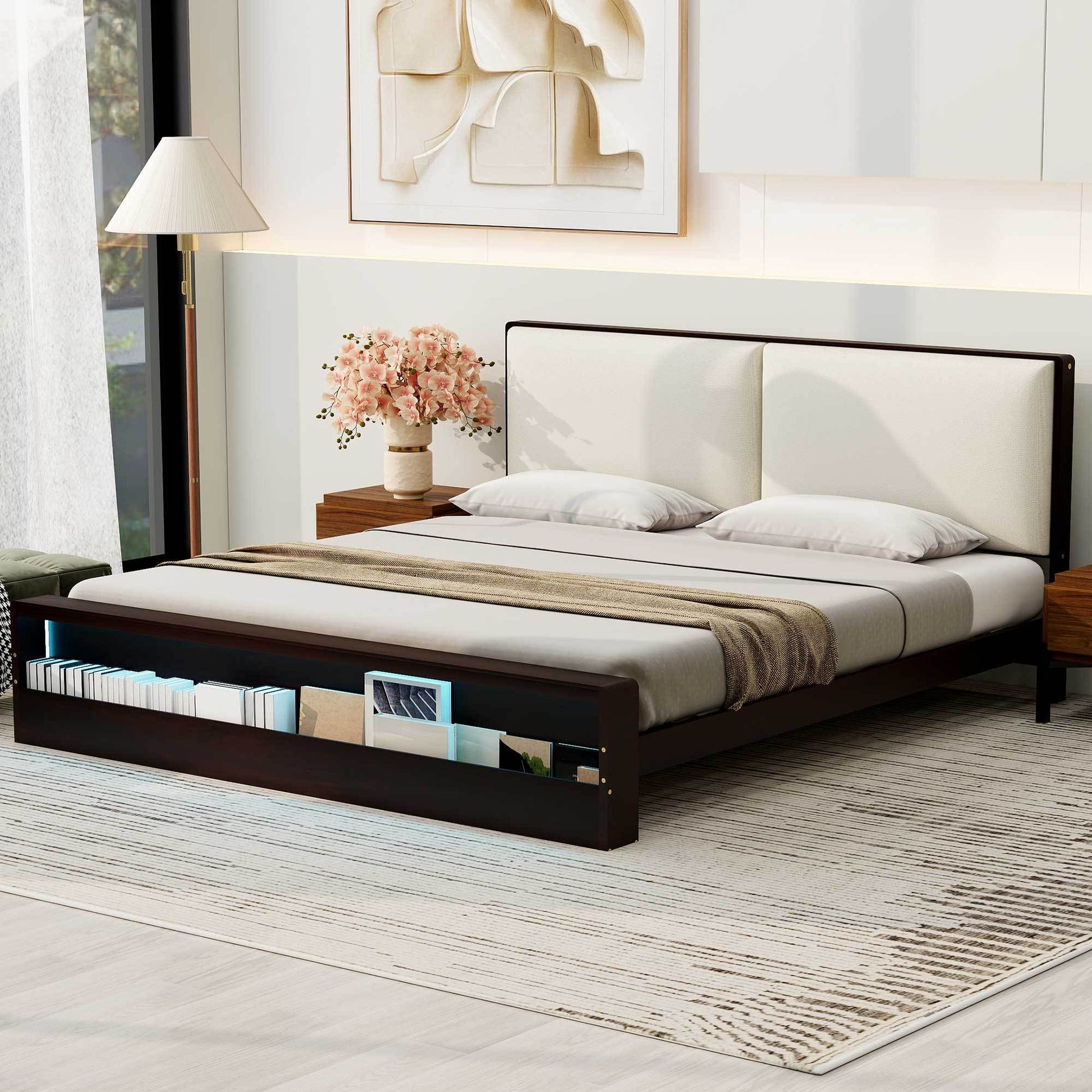 King Size Platform Bed Frame With Upholstery Headboard And Bookshelf In Footboard And Led Light Strips, Espresso King Espresso Solid Wood Mdf