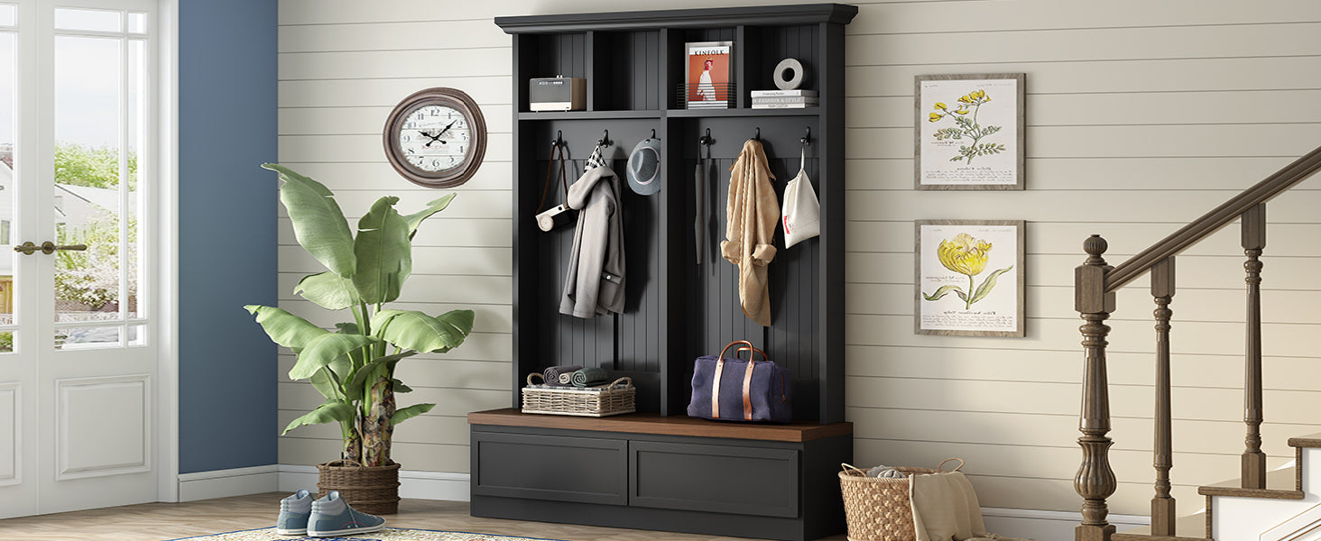 Farmhouse 4 In 1 Hall Tree With Wood Grain Bench, Mudroom Versatile Coat Rack With 2 Large Drawers, Large Entrance Organizer With 6 Black Hooks For Hallway, Living Room, Black, 55.9"Wx75.6"H Black