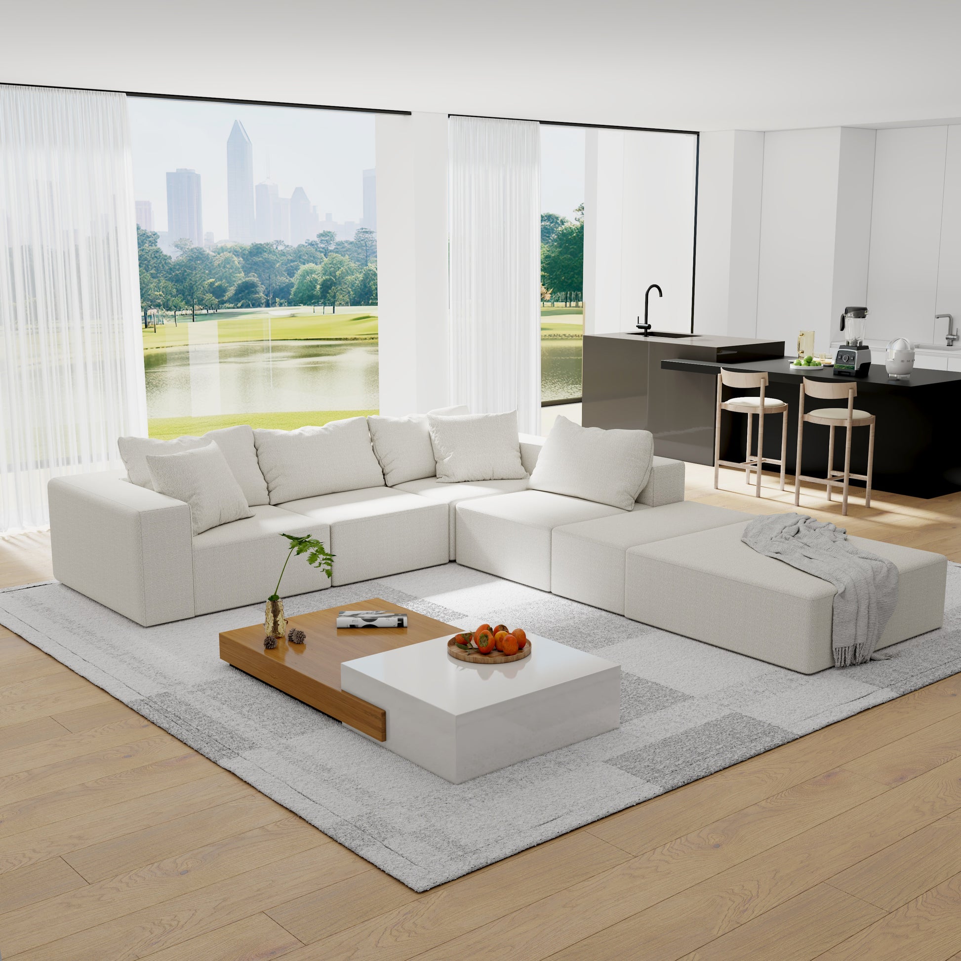 Modern Upholstered Sectional Sofa Couch Set,Modular 132" L Shaped Sectional Living Room Sofa Set With 6 Pillows,Free Combination Sofa Couch For Living Room,Bedroom Beige Foam Chenille 6 Seat