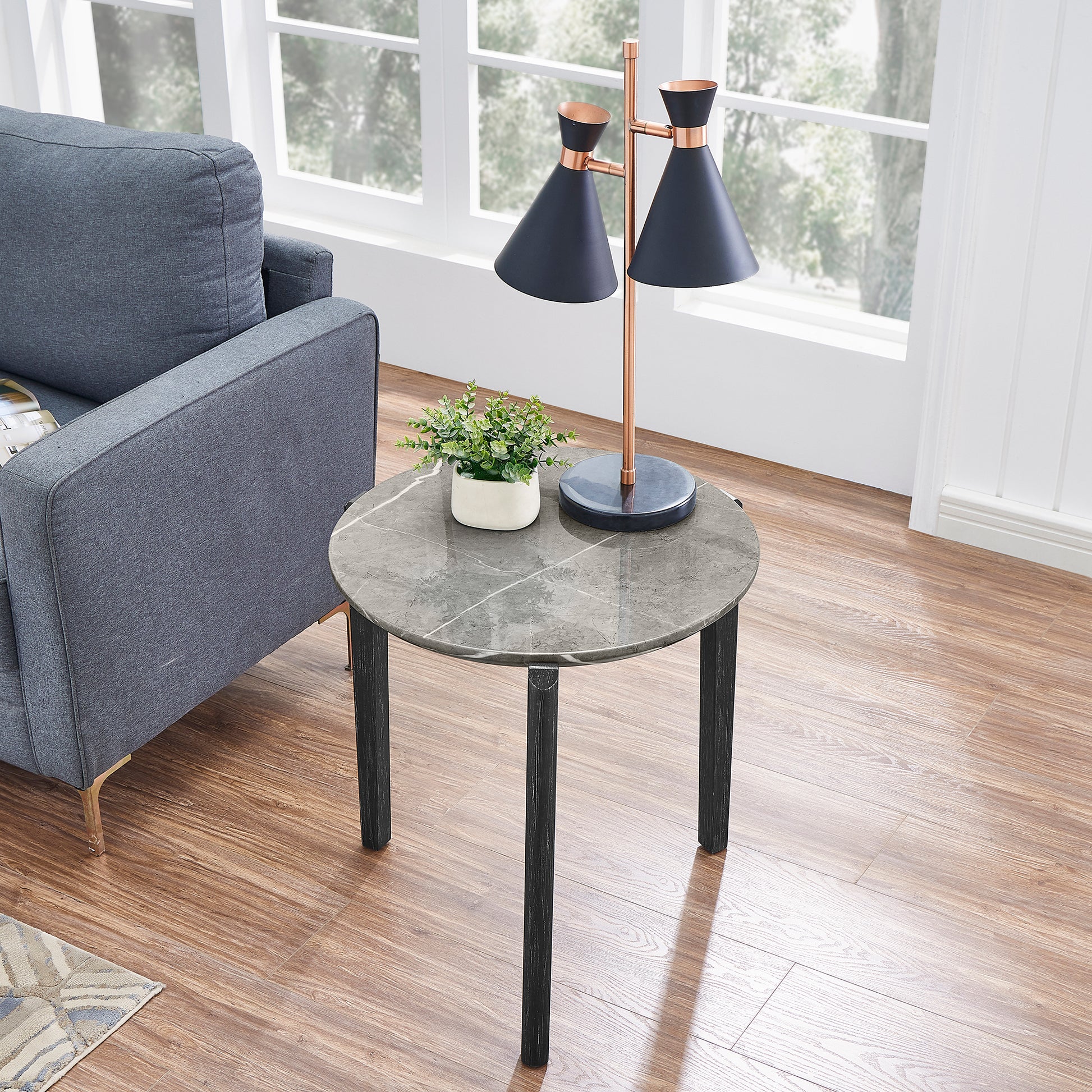 Living Room Coffee Table: Modern And Stylish 24 Inch Round Small Coffee Table, Imitation Marble Tabletop With Rubber Wood Solid Wood Legs, Wooden Coffee Table, Living Room, Office, Home Black Gray