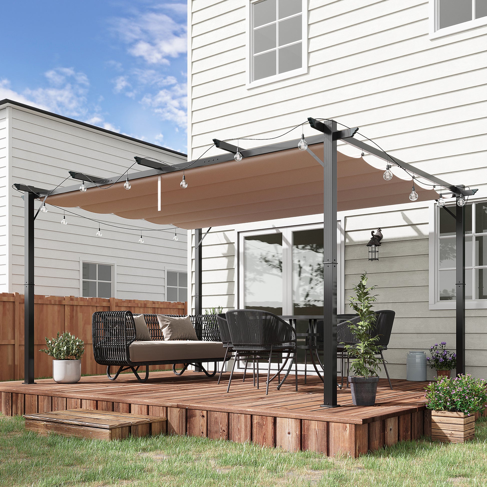 Outsunny 10' X 13' Aluminum Patio Pergola With Retractable Pergola Canopy, Backyard Shade Shelter For Porch, Outdoor Party, Garden, Grill Gazebo, Charcoal Gray Brown Black Aluminium