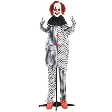 Homcom 6' Life Size Outdoor Halloween Decoration, Animatronic Circus Clown, Sound And Motion Activated Animated Prop With Light Up Eyes, Talking And Laughter White Polyester