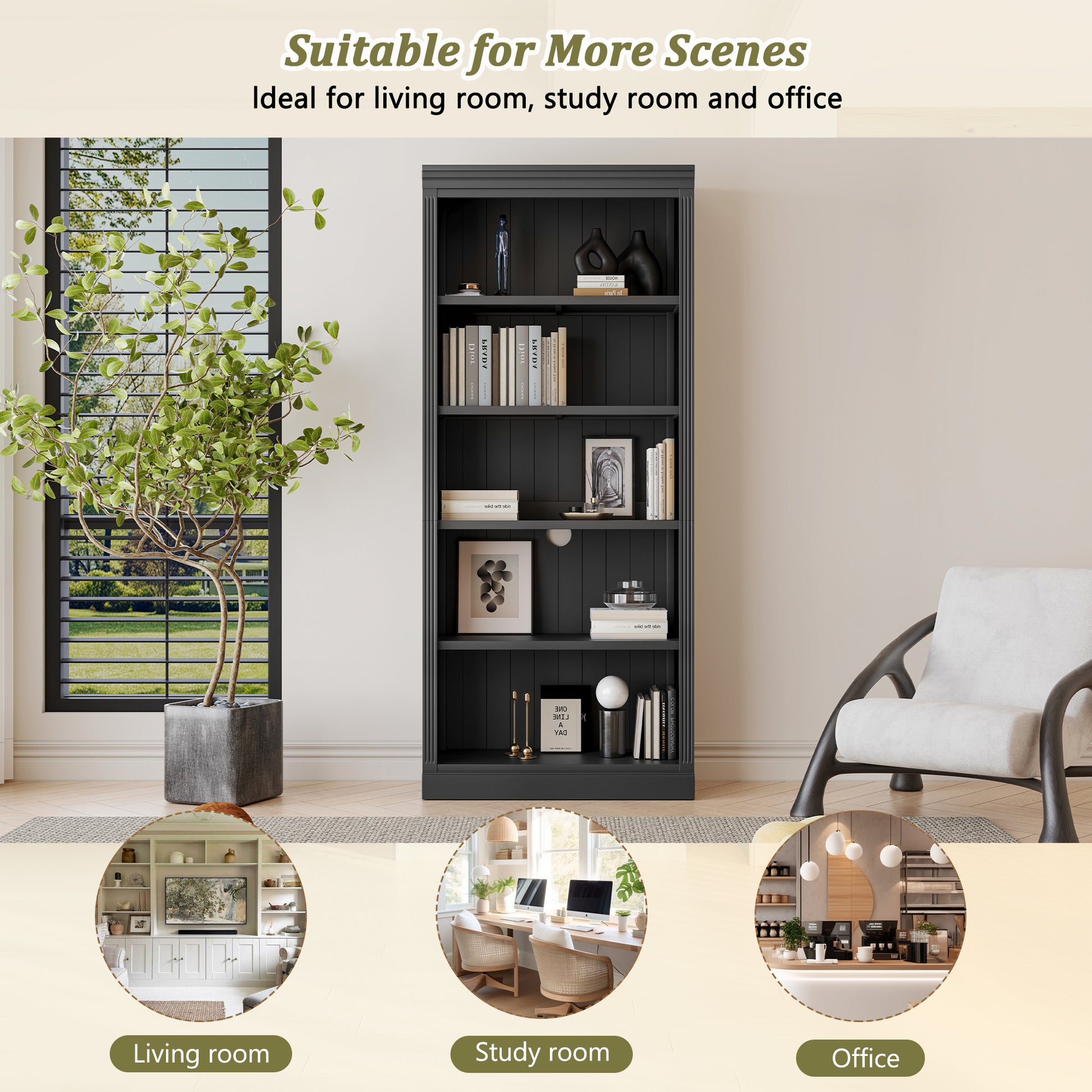 83" Tall Wood Bookcase Suite With Light Strip ,5 Tier Home Decor Bookcase Suite With Adjustable Shelves,Storage Organizer,Free Standing Storage Shelves Suite For Living Room,Home Office,Black Black