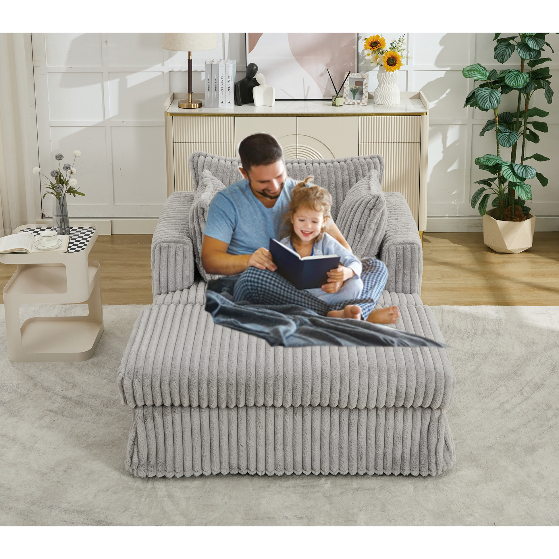 Arrived 47.7'' Oversized Corduroy Chaise Longue With Ottoman, Deep Seat Reclining Chair Sofa, Comfy Thicked Upholstered Pad Chair ,With Foot Stool ,Oversize, Movable Ottoman,Light Gray Light Gray