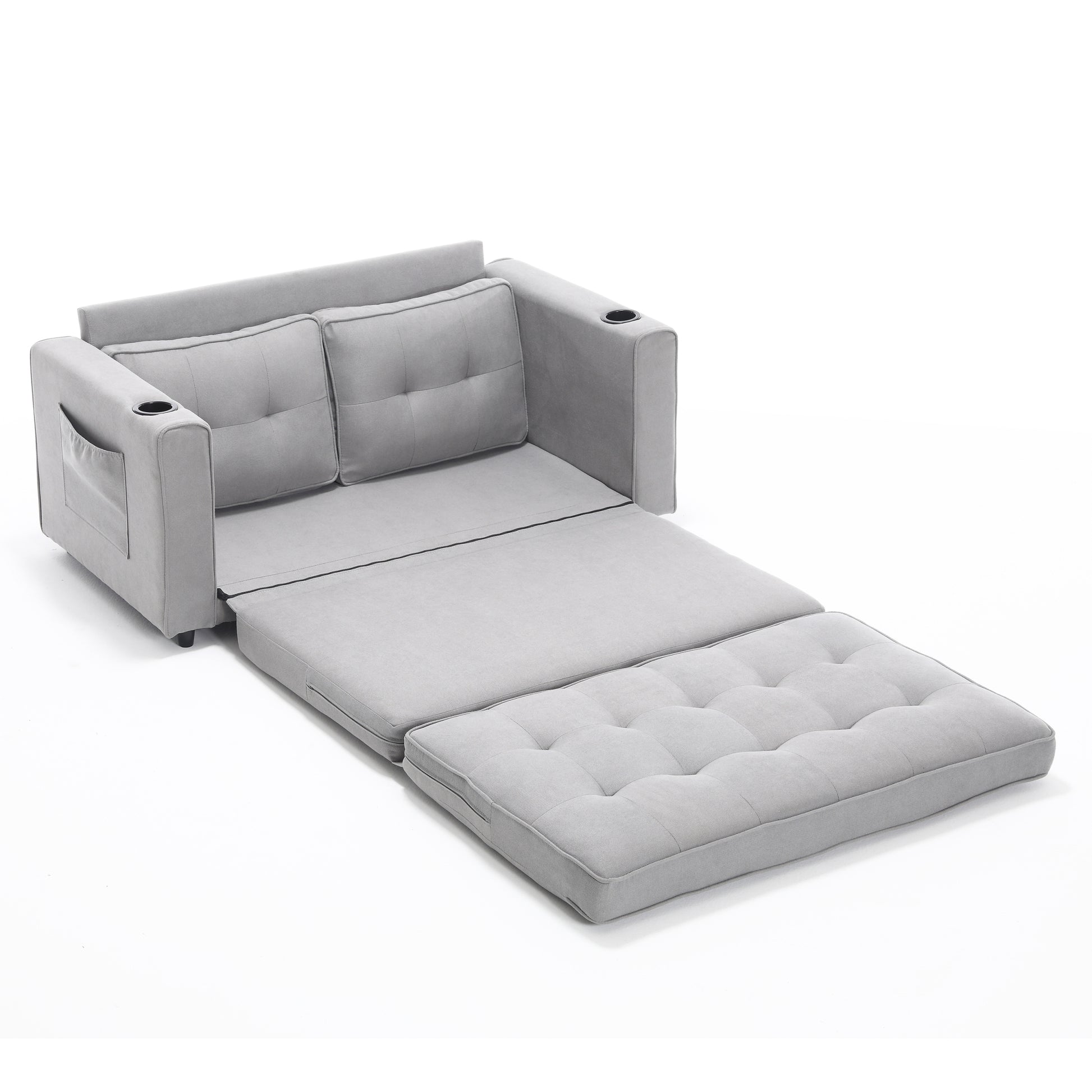 3 In 1 Upholstered Futon Sofa Convertible Sofa Bed,Foldable Tufted Loveseat With Pull Out Sleeper Couch Bed,Folding Mattres Beautiful Seat Daybed W Side Pockets And Cup Holder, Light Gray Light Gray Foam Fabric