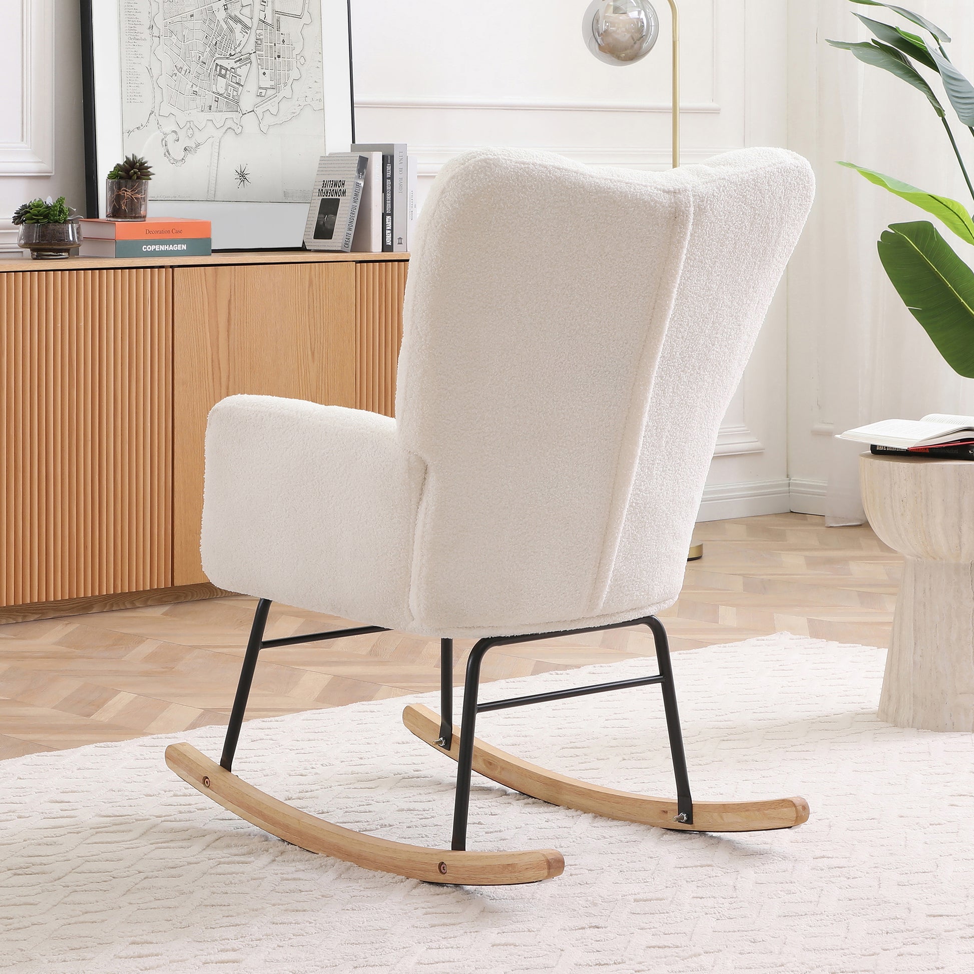 Rocking Chair Teddy Upholstered Glider Rocker Rocking Accent Chair Padded Seat With High Backrest Armchair Comfy Side Chair For Living Room Bedroom Offices Beige Beige Polyester