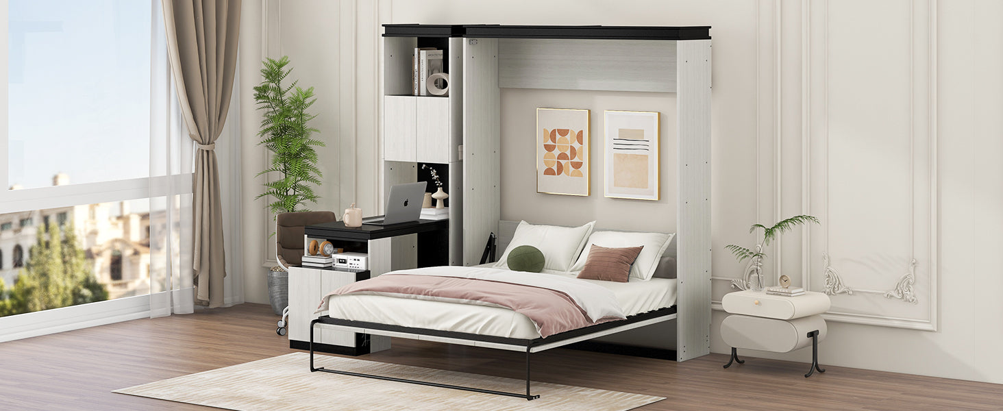 Full Size Murphy Bed With Desk And Storage Shelves And Cabinets, Black White Box Spring Not Required Full Black White Solid Wood Mdf