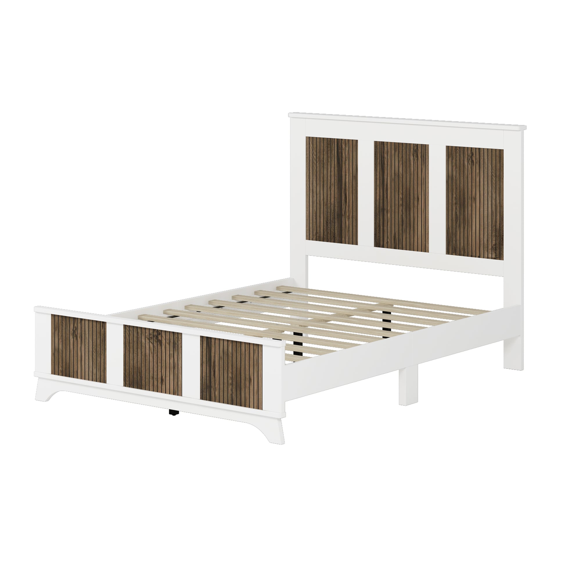 Farmhouse Wooden Platform Full Size Bed, Modern Platform Bed With Wooden Strip Decoration, Plywood Slats Support, White Full White Particle Board