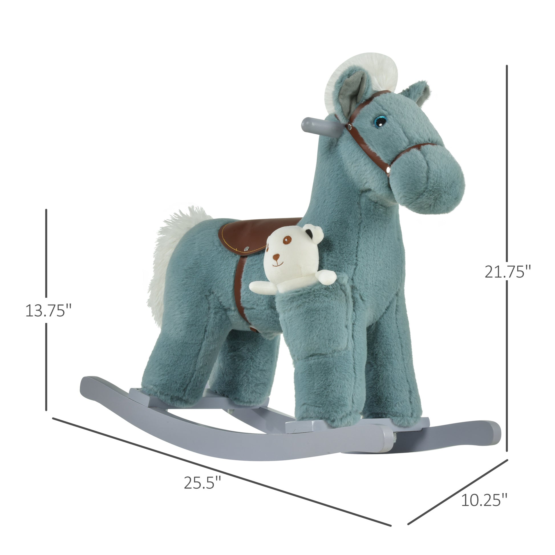 Qaba Kids Plush Ride On Rocking Horse With Bear Toy, Children Chair With Soft Plush Toy & Fun Realistic Sounds, Blue Blue Plush