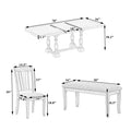 Traditional 6 Piece 78Inch Trestle Extendable Dining Table Set With One 18Inch Removable Leaf, Padded Dining Chairs And Bench,Distressed White Brown Wood Dining Room Solid Wood Rubberwood Rectangular Dining Table With Chair And Bench Upholstered Chair