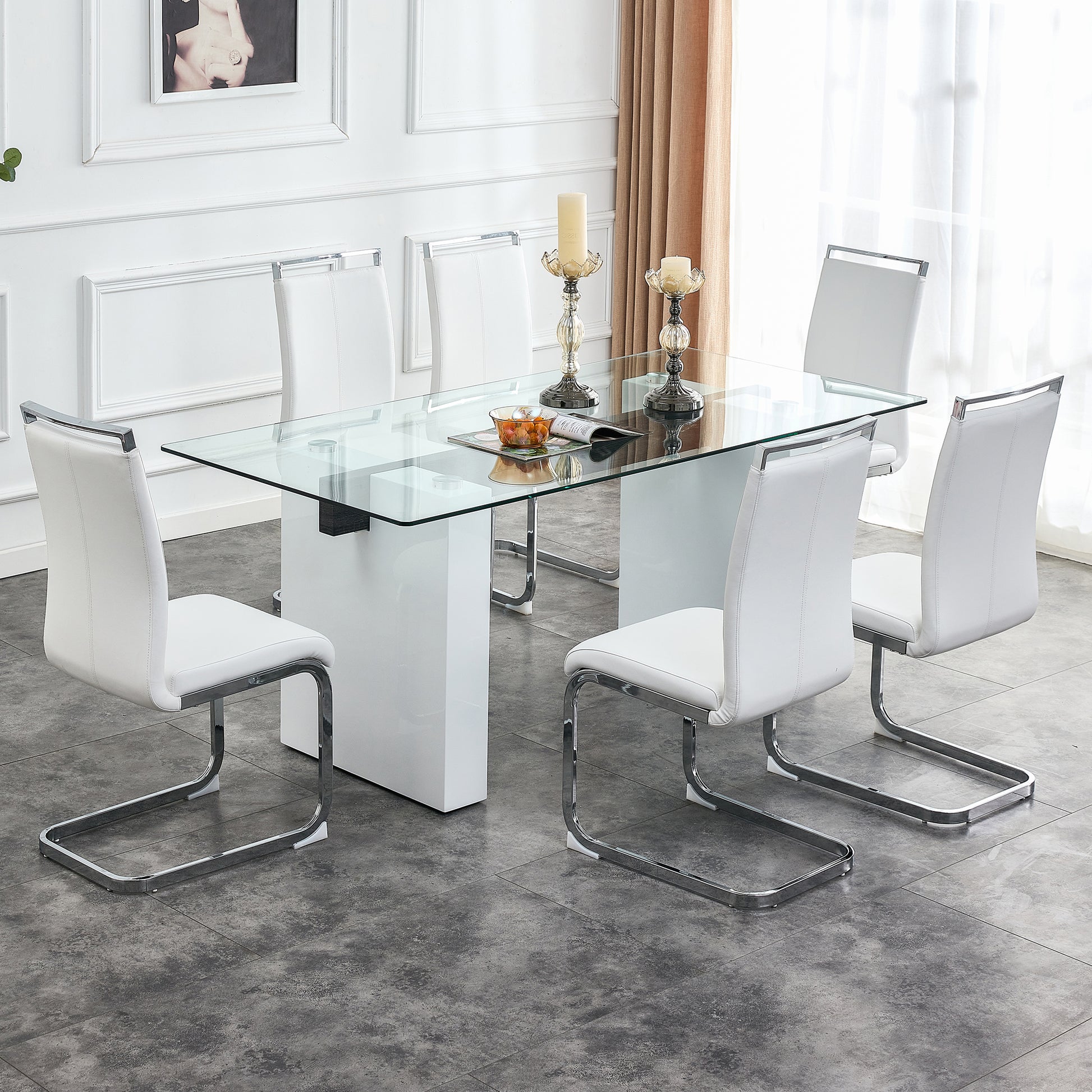 Large Modern Rectangular Table With 0.4 Inch Patterned Tabletop And Large Mdf Table Legs, Suitable For Kitchen, Dining Room, And Living Room 71 "* 35.4" * 30 " White Mdf Glass