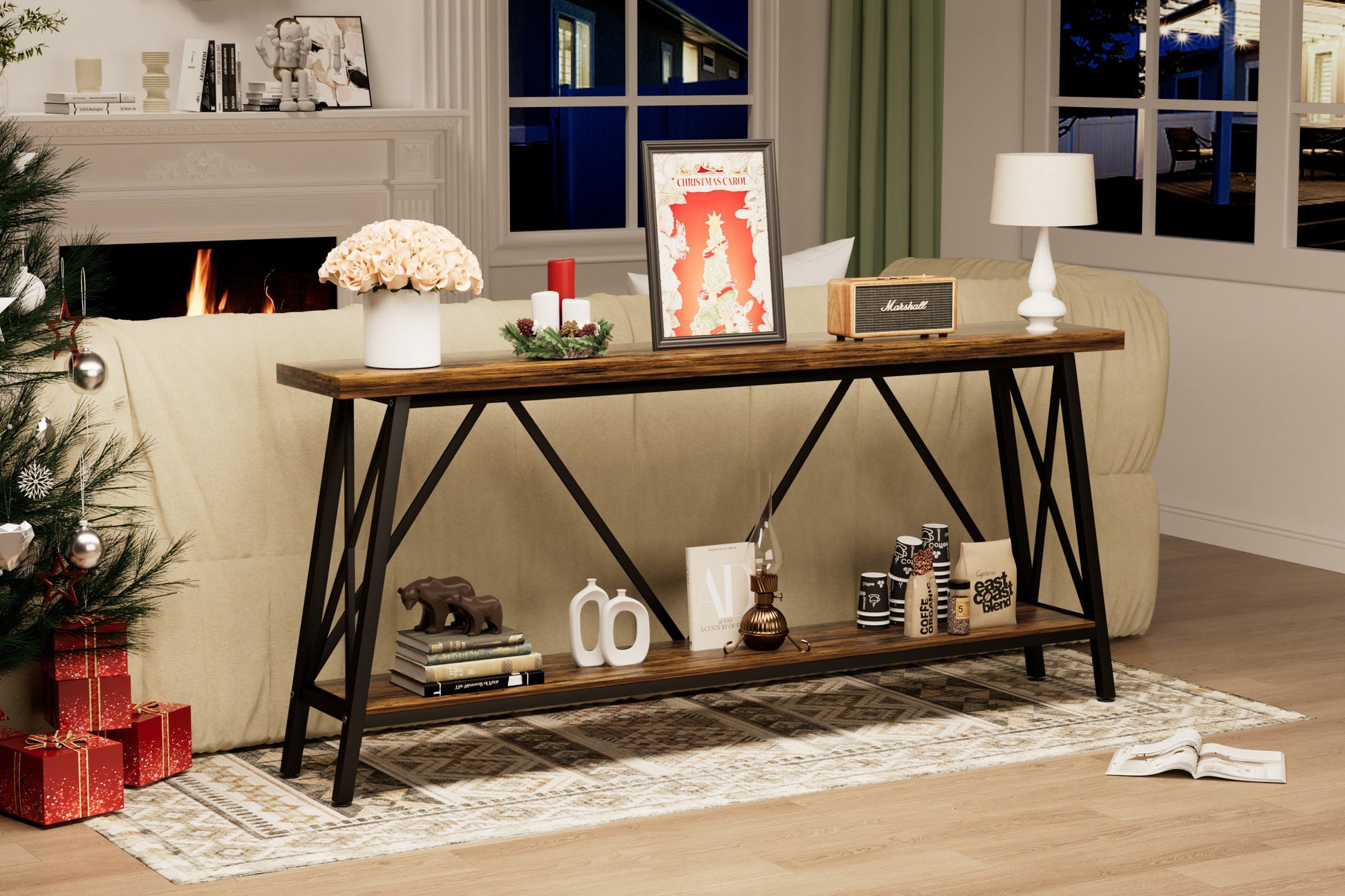 70.9 Inch Extra Long Sofa Table, Console Behind Sofa, Entryway Table With 2 Tier Storage Shelves For Hallways,Living Rooms,Foyers,Entryways,Banquet Rooms,Rustic Brown And Black, 70.9 L X 11.8"W X