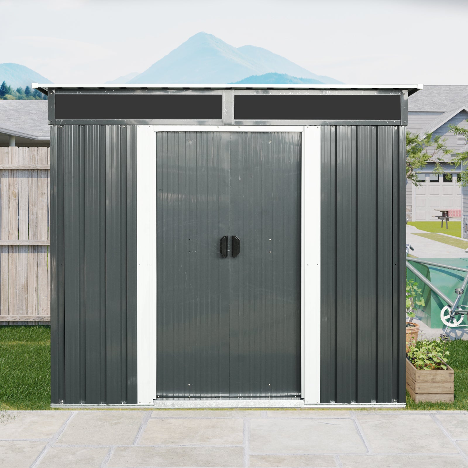 6Ft X 5Ft Outdoor Metal Storage Shed With Lockable Sliding Doors And Transparent Plate For Garden, Lawn Black And White Black White Iron