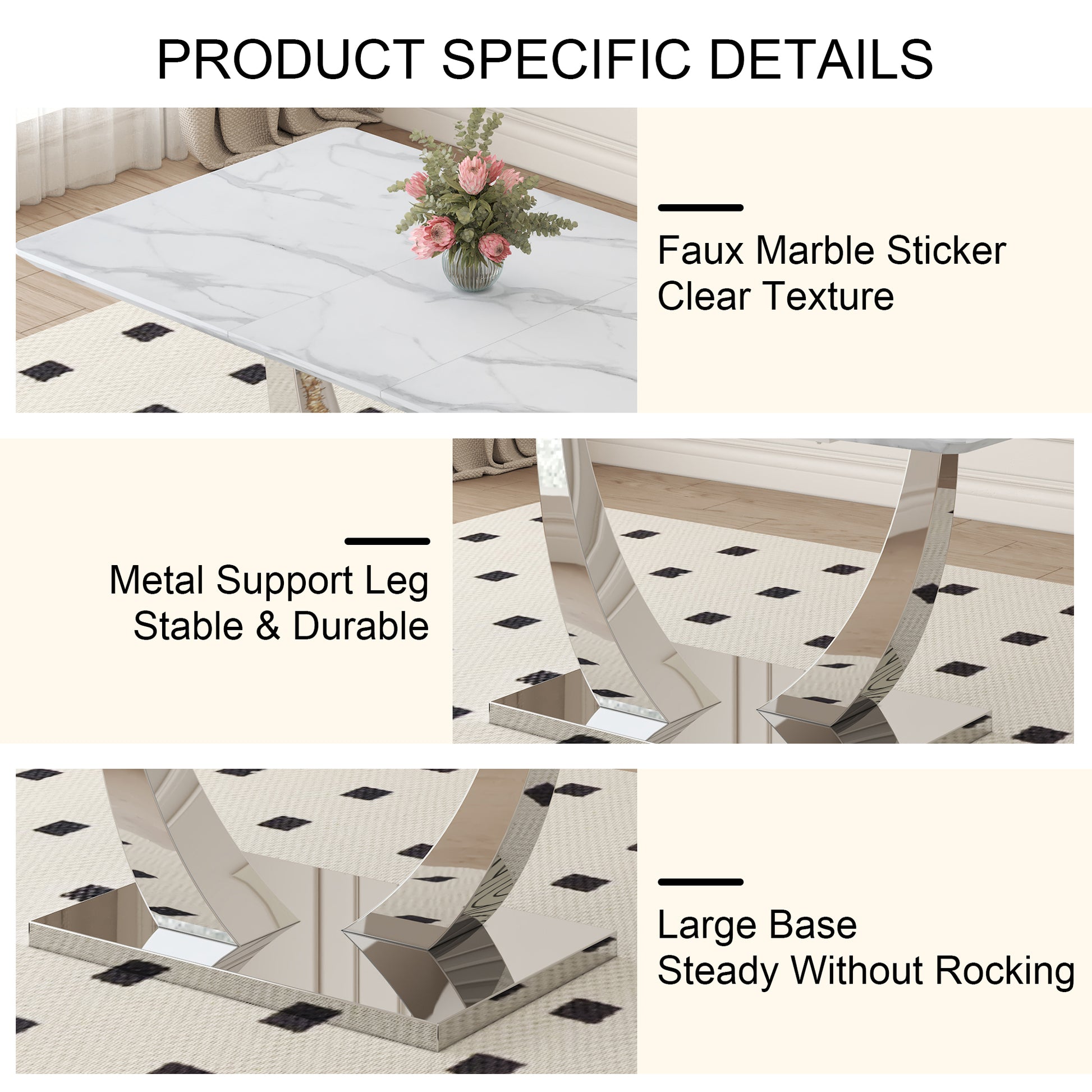 Table And Chair Set. Large Modern Rectangular Table With White Textured Top And Silver Metal Legs. Soft And Comfortable Pu Seats, Faux Leather Upholstered Seats And Sturdy Metal Legs. White Black Mdf Metal