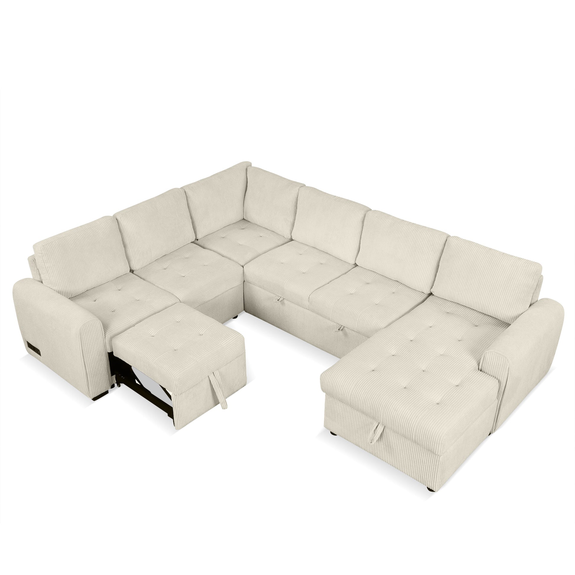 107.5" U Shaped Sofa Sectional Sofa Pull Out Sofa Bed With A Storage Chaise Lounge, Charging Devices For Living Room, Beige Beige Foam Corduroy 5 Seat