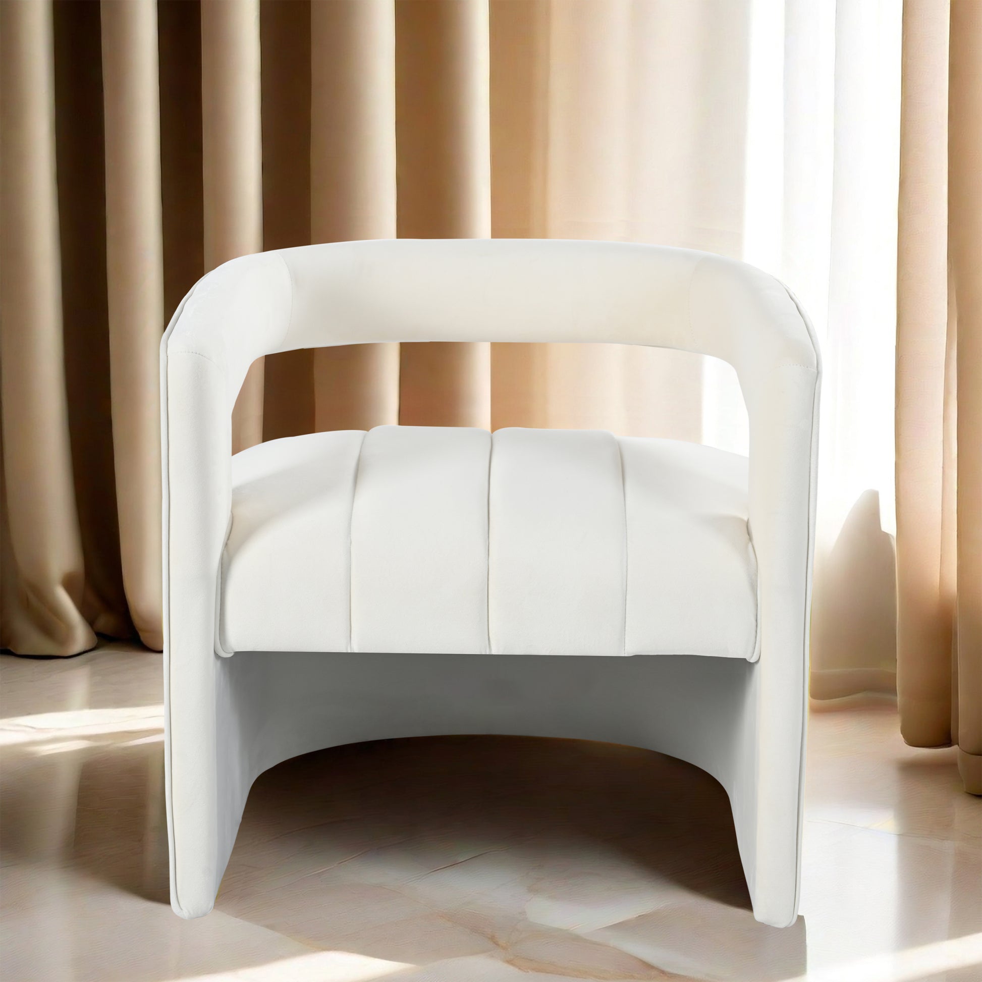 Modern Velvet Accent Chair With Ribbed Detail, Luxury Curved Fully Upholstered Accent Chair, Ivory White No Assembly Needed Ivory White Velvet