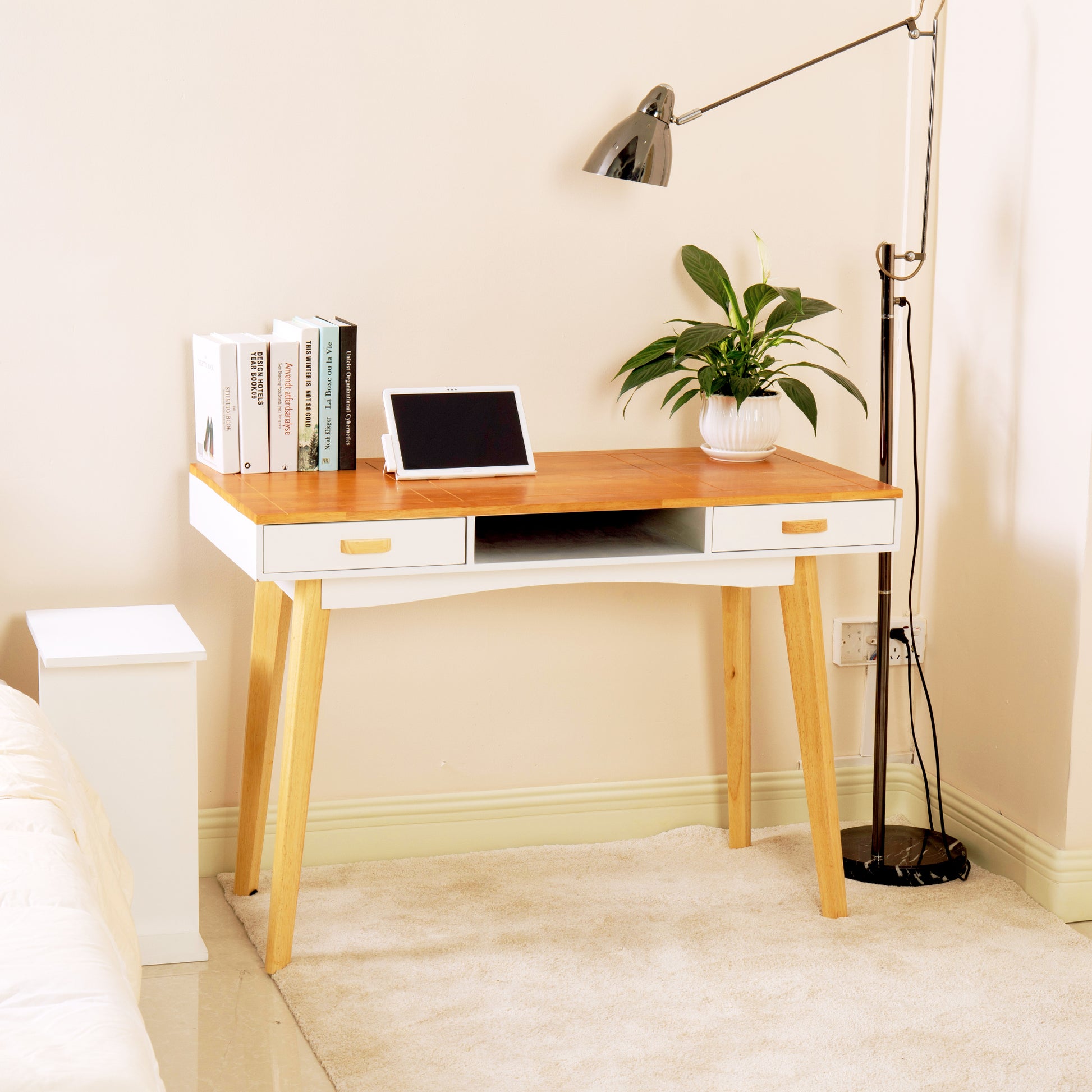 Wooden Writing Desk For Office,Solid Wood Computer Table For Home ,Simple Style,Study Table With Drawers,Wood White Finish Natural Solid Wood Mdf