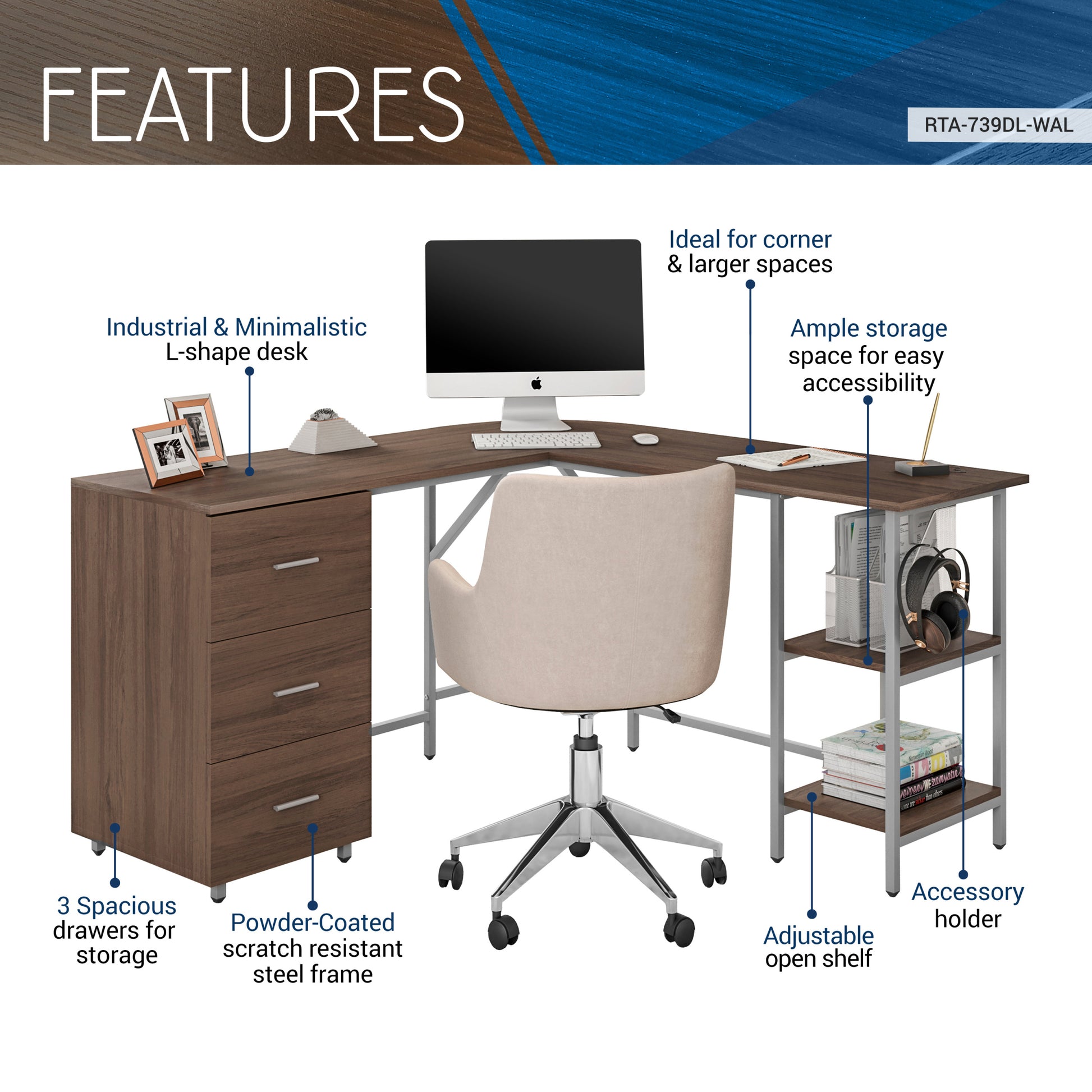 Techni Mobili L Shape Home Office Two Tone Desk With Storage, Walnut Walnut Computer Desk Office Modern L Shape Computer Tables Rectangular Engineered Wood