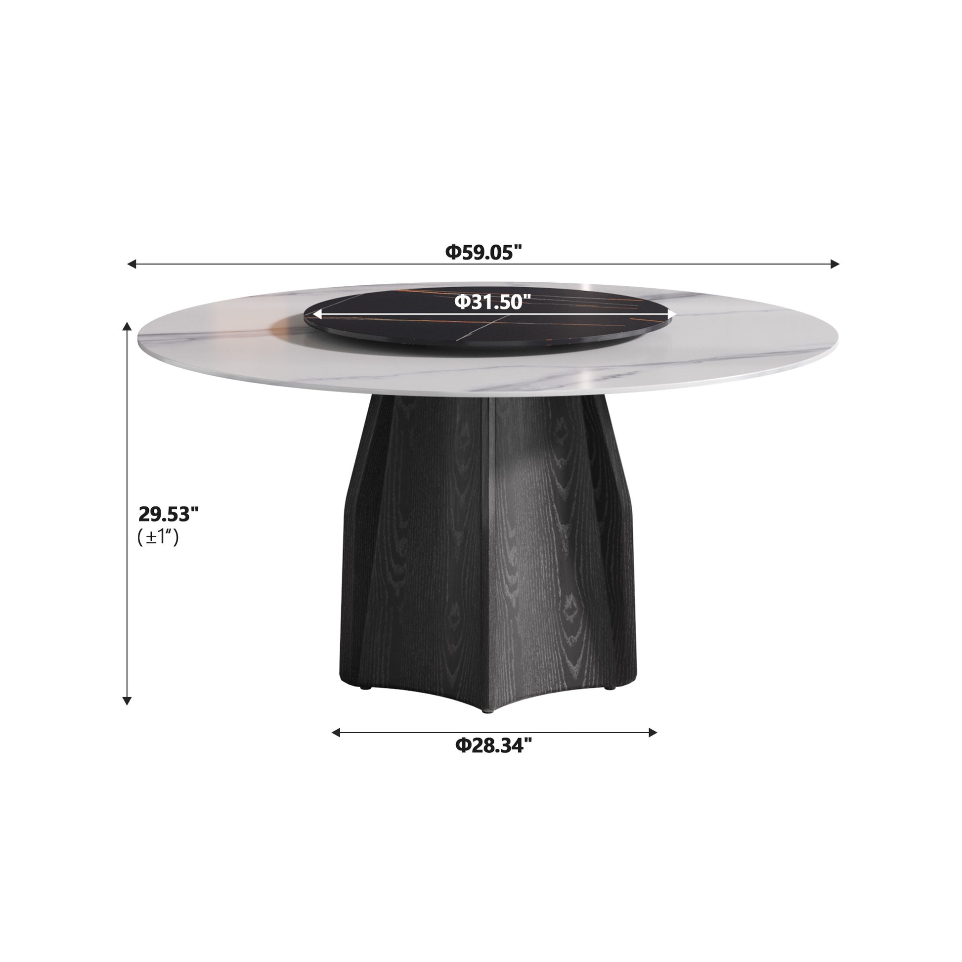 59.05" Round Marble Dining Table With Black Textured Solid Wood Base, Artificial Marble For 6 8 People, 31.5"Black Artificial Stone Turntable,White&Black Dining Table Only Black,White Dining Room