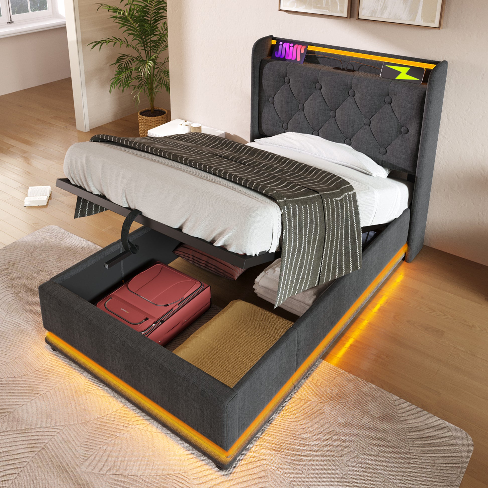 Twin Size Upholstered Bed, 360 Surround Led Function, Buttons Apps Remote Control, Hydraulic Storage Bed With Usb Type C Charging, Gray,Linen Without Mattress Twin Gray Linen