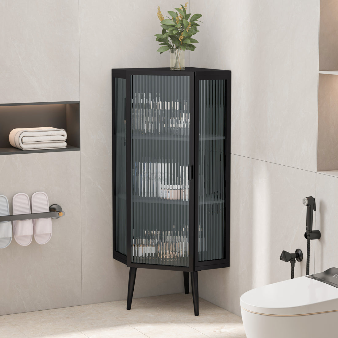 22.25'' Floor Coner Cabinet,Three Tiers With Tempered Glass Doors And Storage Shelves For Bathroom, Living Room And Bedroom Black Black Glass Metal