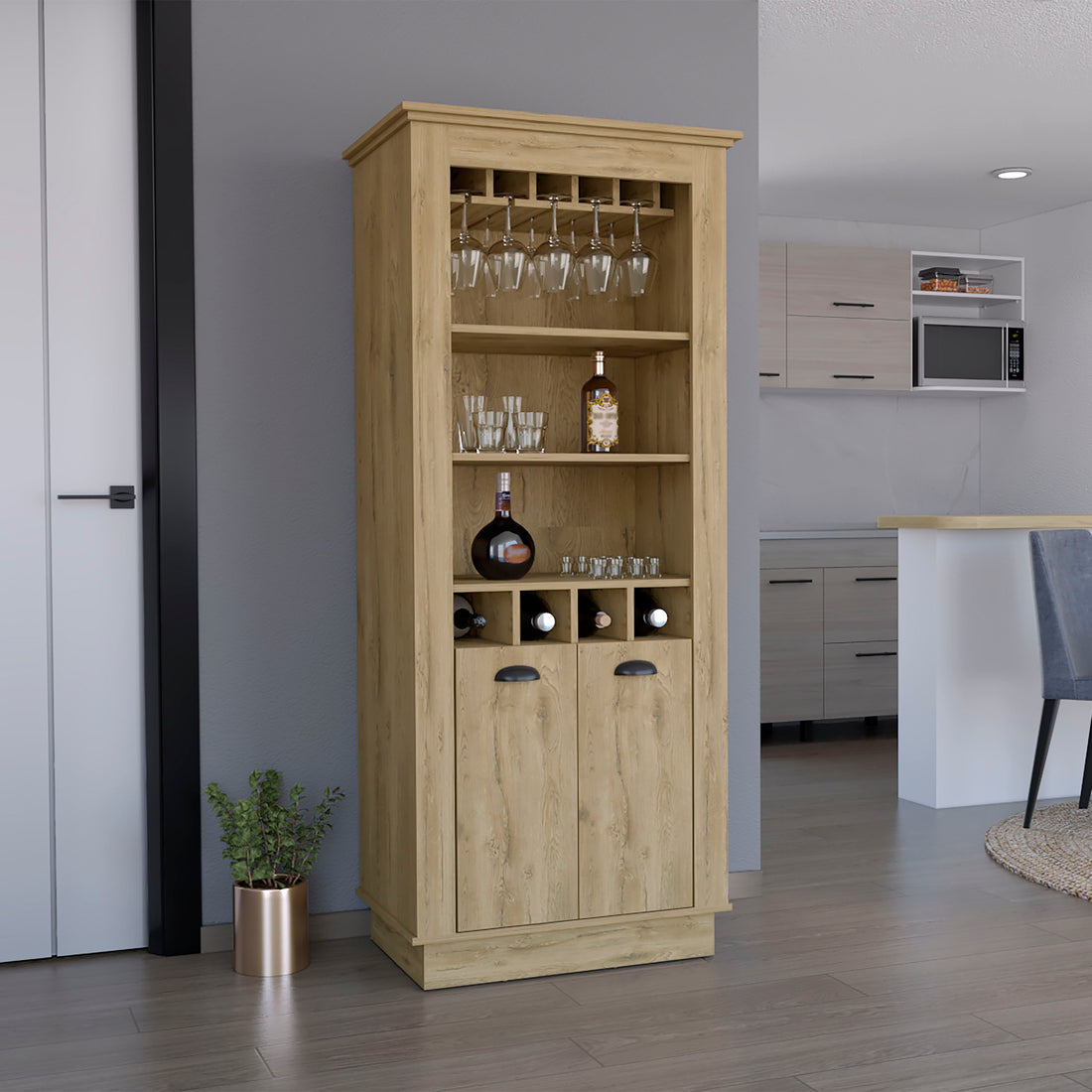 Lafayette Bar Cabinet With 4 Bottle Rack, Upper Glass Holder And Dual Door Design Beige Primary Living Space Modern Shelves Included Particle Board