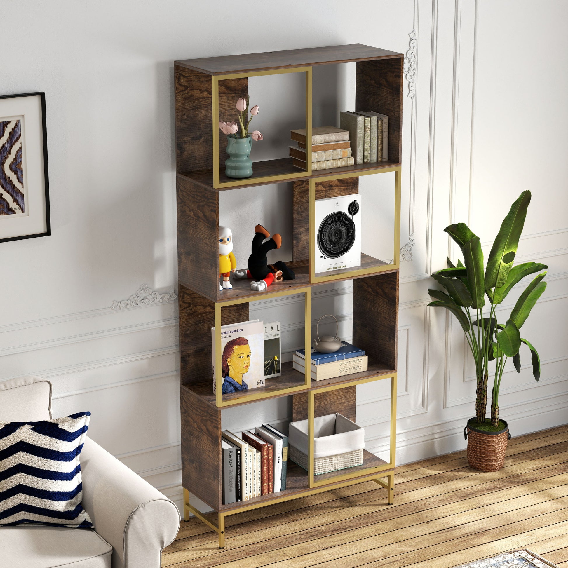 4 Tier Industrial Bookcase, Rustic Wood And Metal Frame, Asymmetrical Shelf Design, Display Storage Shelf For Living Room, Home Office, Small Space Brown Gold Primary Living Space Metal & Wood