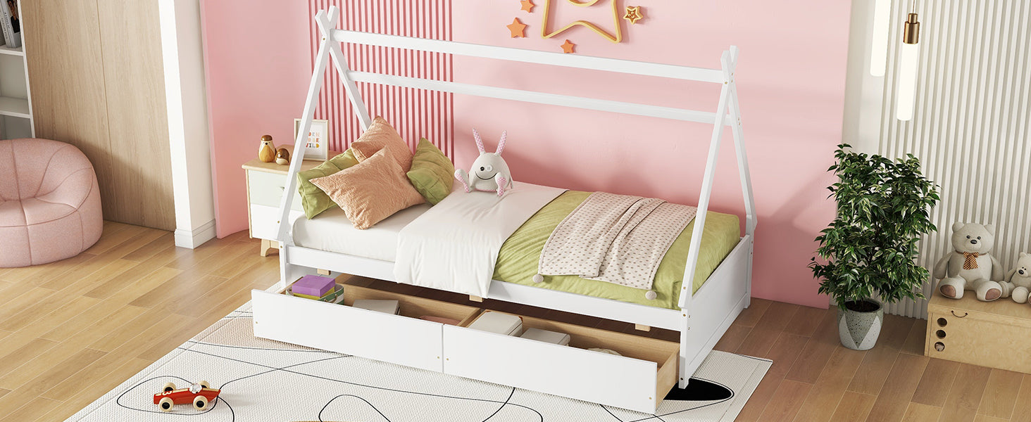 Twin Size House Platform Bed With Two Drawers,Headboard And Footboard, White Twin White Pine